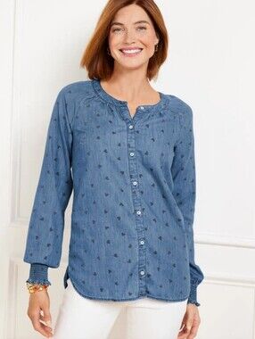 Talbots Chambray Heart Print Button Front Top Smocked Ruffle Cuff Blue M